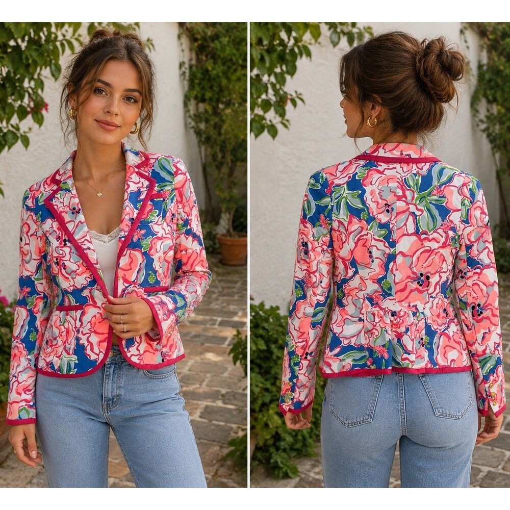 Lilly Pulitzer Malibu Blazer  XS Lucky Charm Flutter Blue Floral Pink Preppy